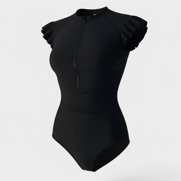 Tempt Me Other - Tempt Me Black One-Piece Swimsuit | Flutter Sleeve Zip Front | Tummy Control